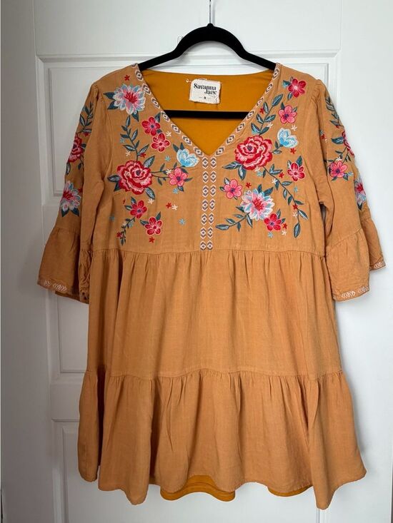 Savanna Jane Dresses & Skirts - Savanna Jane Mustard Tiered Dress with Multicolor Floral Embroidery-Med